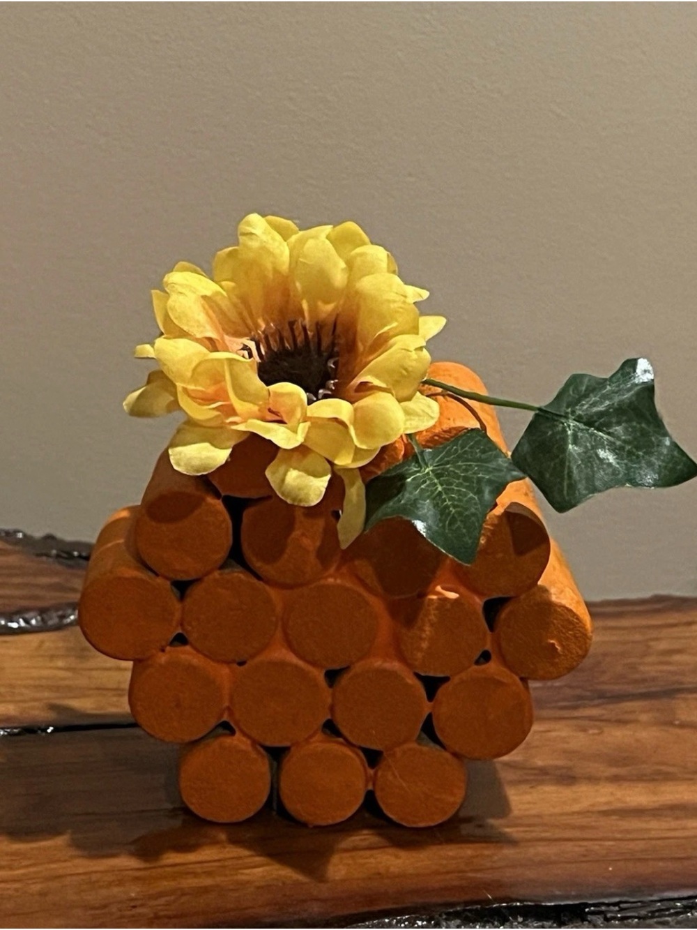 Home Accents Yellow Sunflower Accent with Orange Cylinder Base—Handmade
